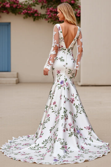 Ivory Flower Mermaid Embroidered Long Sleeve Wedding Dress with Lace